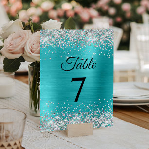 Silber Glitter Türkis Blaue Folie Elegant Tischnummer