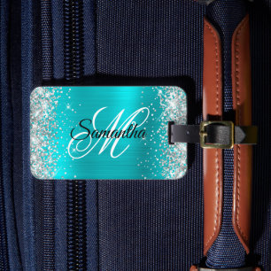 Silber Glitter Türkis Blaue Folie Fancy Monogramm Gepäckanhänger