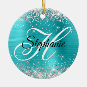 Silber Glitter Türkis Blaue Folie Fancy Monogramm Keramik Ornament