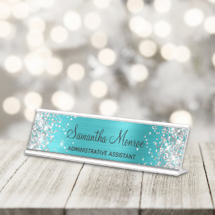 Silber Glitter Türkis Blaue Folie Schreibtischnamensplakette