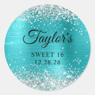 Silber Glitter Türkis Blaue Folie Sweet 16 Runder Aufkleber