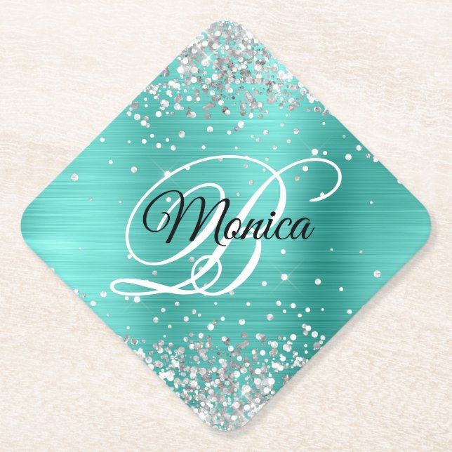Silber Glitter Türkis Fancy Monogramm Diamant Untersetzer (Vorderseite)