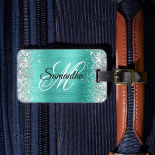 Silber Glitter Türkis Folie Fancy Monogramm Gepäckanhänger