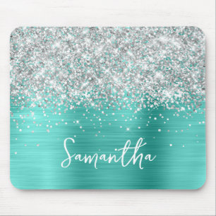 Silber Glitter Türkis Glam Name Mousepad