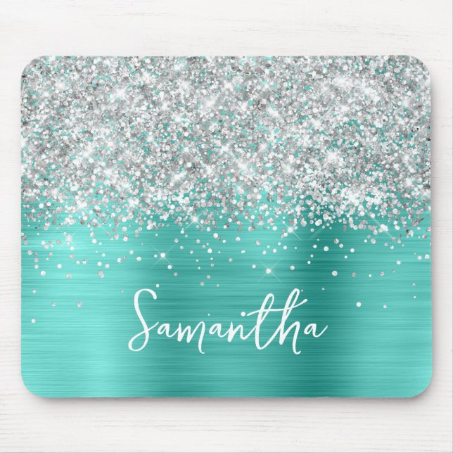 Silber Glitter Türkis Glam Name Mousepad (Vorne)