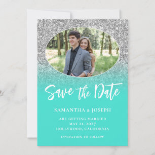 Silber Glitter Türkis Ombre Oval Foto Save The Date