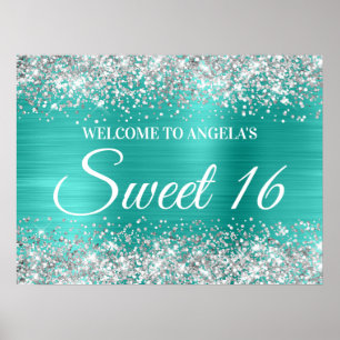 Silber Glitter Türkis Sweet 16 Willkommen Poster