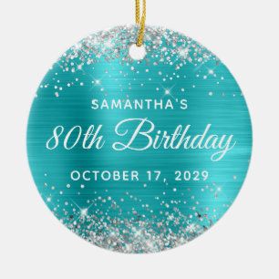 Silber-Glitter-Turquoise-Folie 80. Geburtstag Keramik Ornament