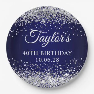 Silber Glitter und Dunkelblau 40. Geburtstag Pappteller
