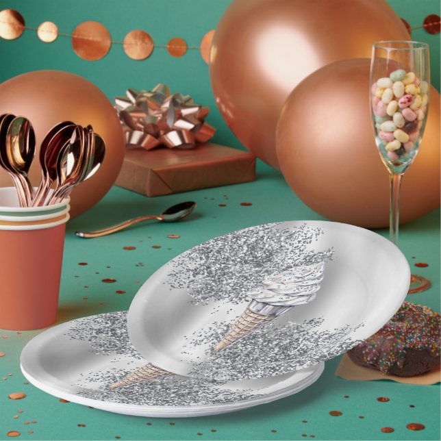 Silber Glitter Vanilleeiscreme-Kegel Geburtstag Pappteller (Multi)