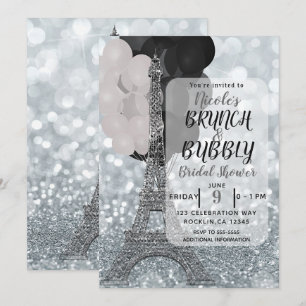 Silber Glitter Weiß Schwarz Ballons Eiffelturm Einladung