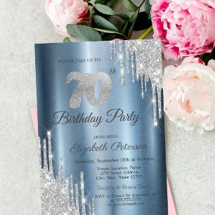 Silber Glittertropfen Blau Metallic 70. Geburtstag Einladung