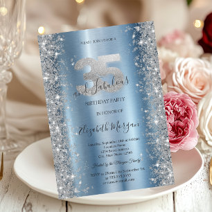 Silber Glitzer Diamanten Blau 35. Geburtstag Einladung