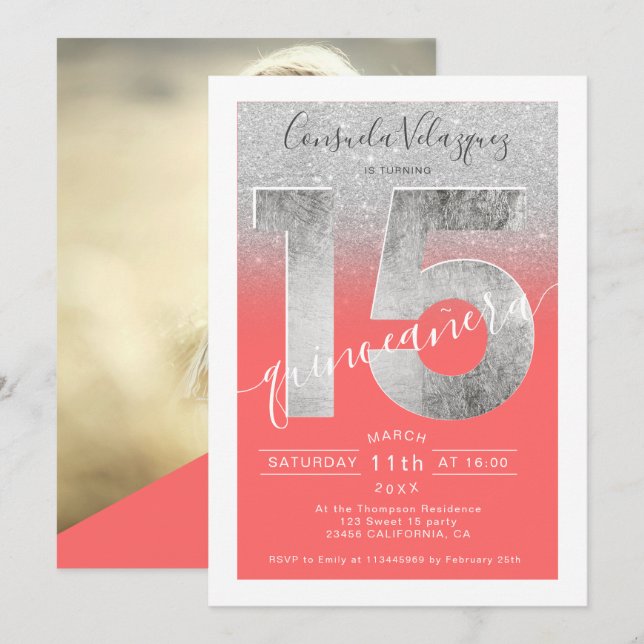 Silber-Glitzer-Folienskript Korallenquinceanera-Fo Einladung (Vorne/Hinten)