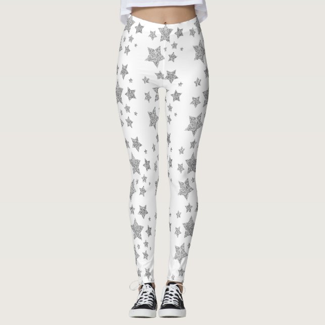 Silber Glitzer Glitzern Sternmuster weiß Leggings (Vorderseite)