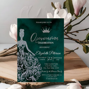 Silber Glitzer Kleid, Karo Grün Sweet 15 in Einladung