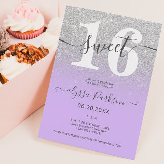 Silber Glitzer lila Lavendel Mädchen Sweet 16 Einladung