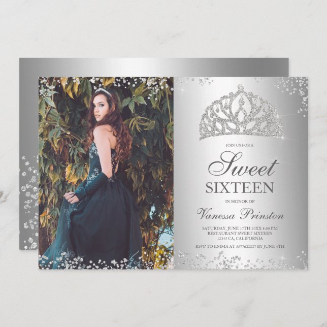 Silber Glitzer metallisches Foto Tiara Sweet 16 Einladung (Vorne/Hinten)