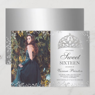 Silber Glitzer metallisches Foto Tiara Sweet 16 Einladung