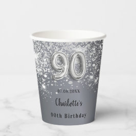 Silber-Glitzer-Monogramm zum 90. Geburtstag Pappbecher