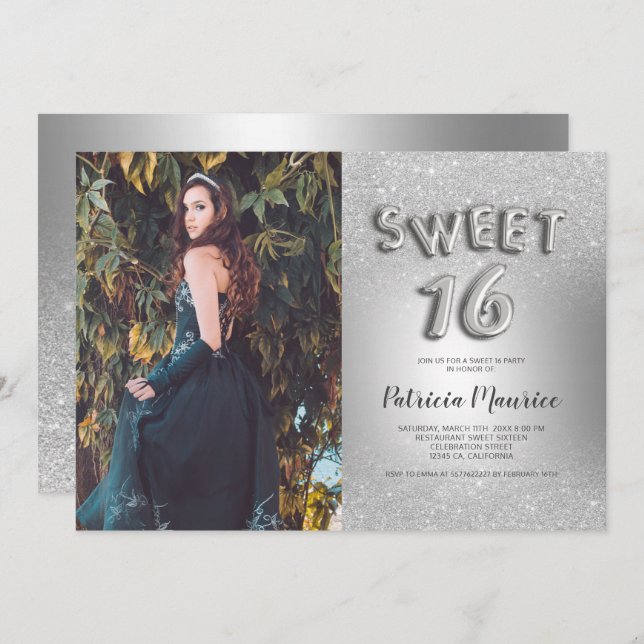 Silber Glitzer ombre Buchstaben Foto Folie süß 16 Einladung (Vorne/Hinten)