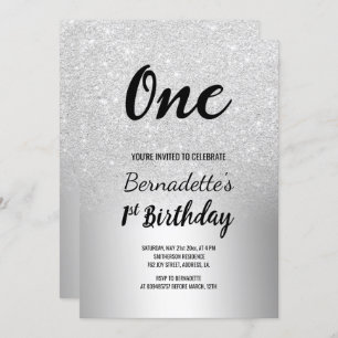 Silber Glitzer ombre metallisch erster Geburtstag Einladung