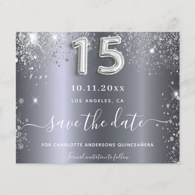 Silber-Glitzer Quinceanera Save the Date (Vorderseite)
