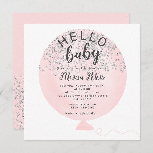 Silber Glitzer Rosa Ballon Babydusche Einladung (Vorne/Hinten)