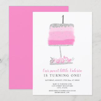 Silber Glitzer Rosa Blumenkuchen erster Geburtstag Einladung