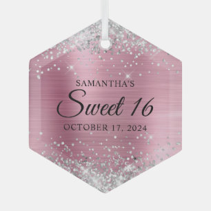 Silber Glitzer Rosa Foil Sweet 16 Ornament Aus Glas