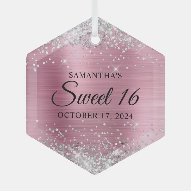 Silber Glitzer Rosa Foil Sweet 16 Ornament Aus Glas (Vorderseite)