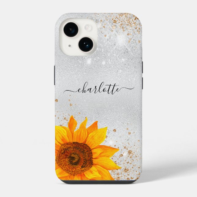 Silber-Glitzer-Sonnenblumen-Name iPhone Hülle (Rückseite)