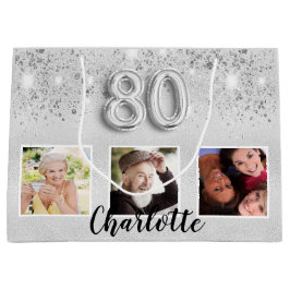 Silber-Glitzer-Staub-Foto-Monogramm zum 80. Große Geschenktüte