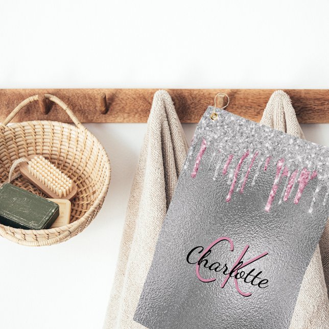 Silber-Glitzer-Tropfen Metall-Rosa-Monogramm Golfhandtuch (Von Creator hochgeladen)