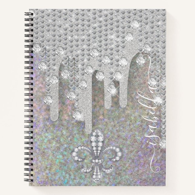 Silber-Glitzer und Diamanten auf Regenbogen-Glitze Notizbuch (Vorderseite)