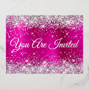 Silber Glitzer und Hot Pink Glam Sweet 16 Folie Einladungspostkarte