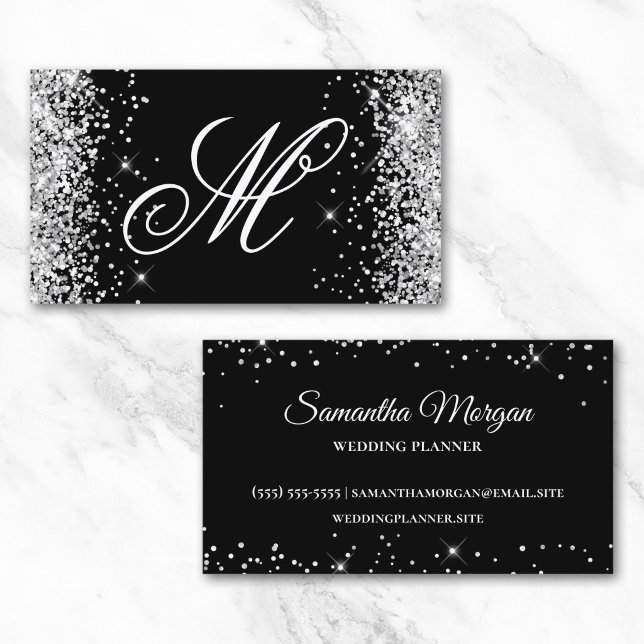 Silber Glitzer und Schwarz Extravagant Mit Monogra Visitenkarte (Silver Glitter and Black Fancy Monogrammed Business Card)