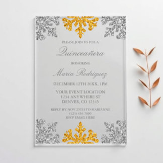 Silber-Gold-Schneeflocken-Winter-Quinceanera Acryleinladungen
