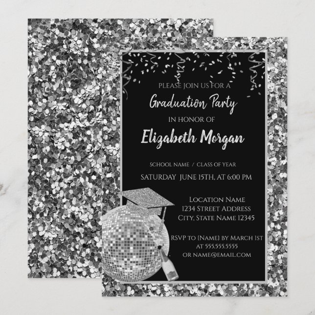 Silber-Graduierungskappe, Disco-Ball, Wein, Sequin Einladung (Vorne/Hinten)