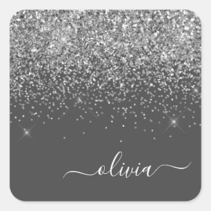 Silber Grau Mädchen Glitter Glanz Monogramm Name Quadratischer Aufkleber