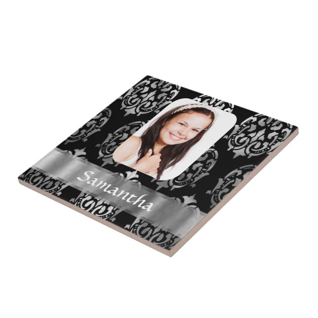 Silber-Graue personalisierte Damast-Fotovorlage Fliese (Seite)