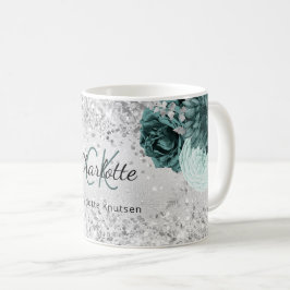 Silber-grüne Blume eleganter Monogrammname Kaffeetasse