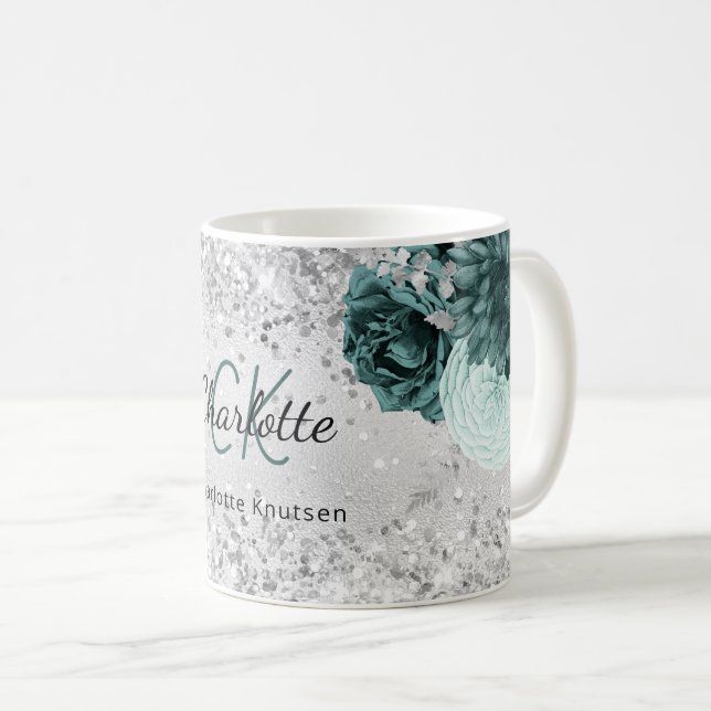 Silber-grüne Blume eleganter Monogrammname Kaffeetasse (VorderseiteRechts)