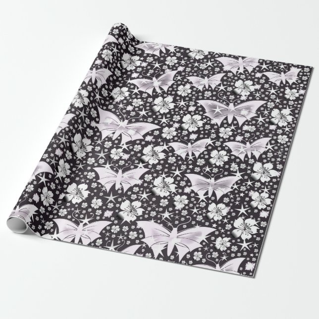 silber, hell, glänzend, Schmetterlinge, exklusiv Geschenkpapier (Ungerollt)