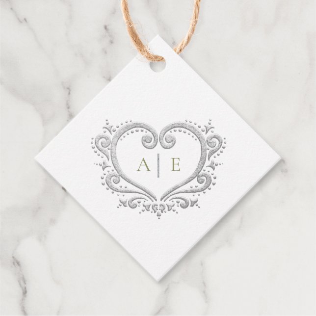 Silber Herz-Monogramm Initialen Farn grüne Hochzei Geschenkanhänger (Vorderseite)