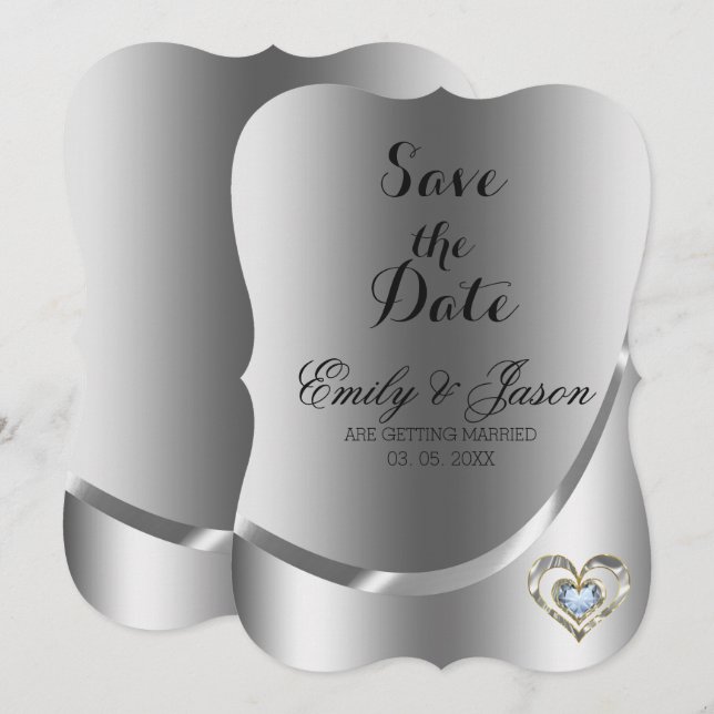 Silber Hintergrund und Diamant Herz Save the Date Einladung (Vorne/Hinten)