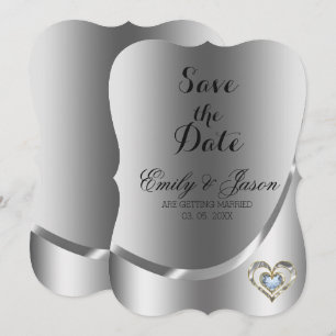 Silber Hintergrund und Diamant Herz Save the Date Einladung