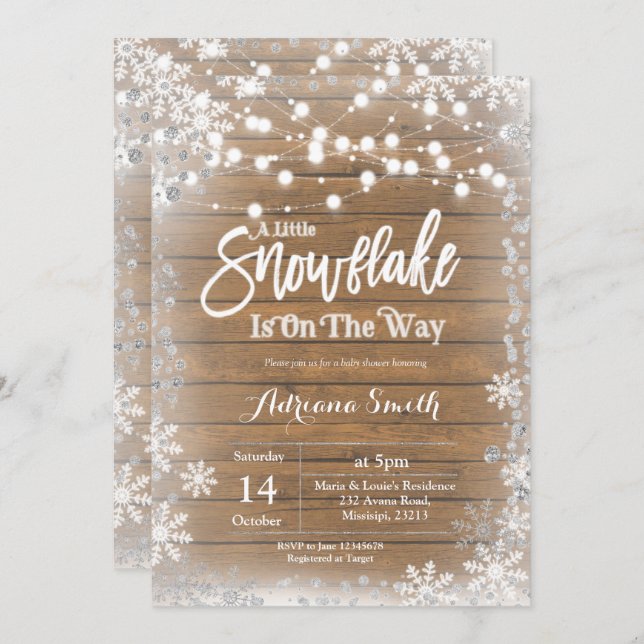 Silber kleiner Schneeflocken ist auf dem Weg Babyd Einladung (Vorne/Hinten)