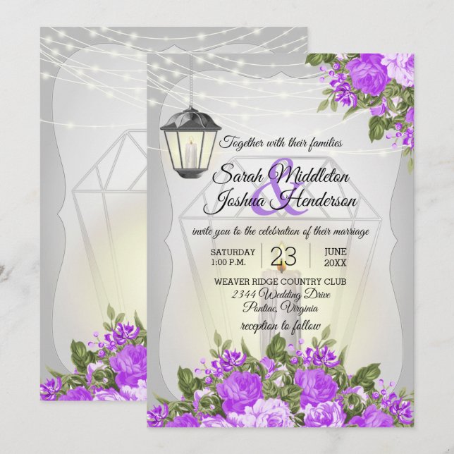 Silber Lanterns und Lila Blume Hochzeit Einladung (Vorne/Hinten)