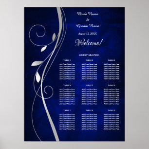 Silber Leaf Swirl Blue Wedding Seating Chart Poster